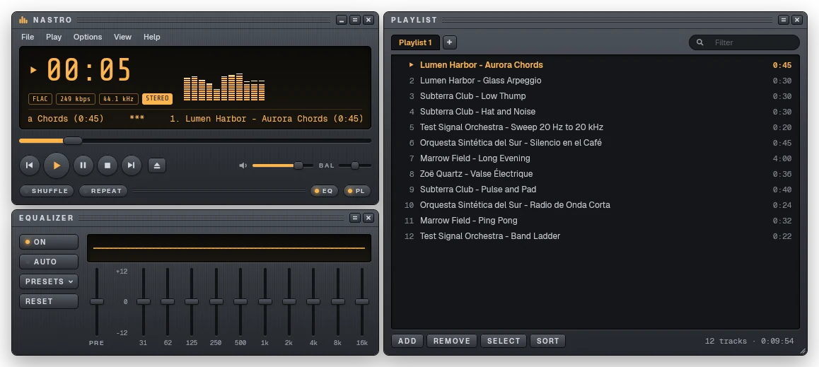 Nastro in the Graphite skin: the player playing a track with its amber spectrum visualizer, the equalizer below it and the playlist at the right.