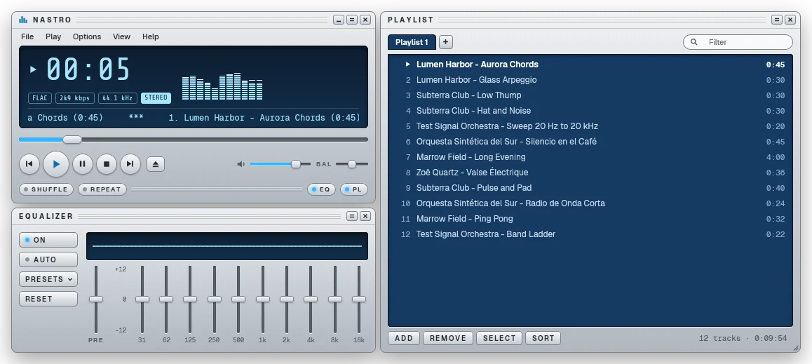 Nastro in the Silver skin: the player playing a track with its spectrum visualizer, the equalizer below it and the playlist at the right.